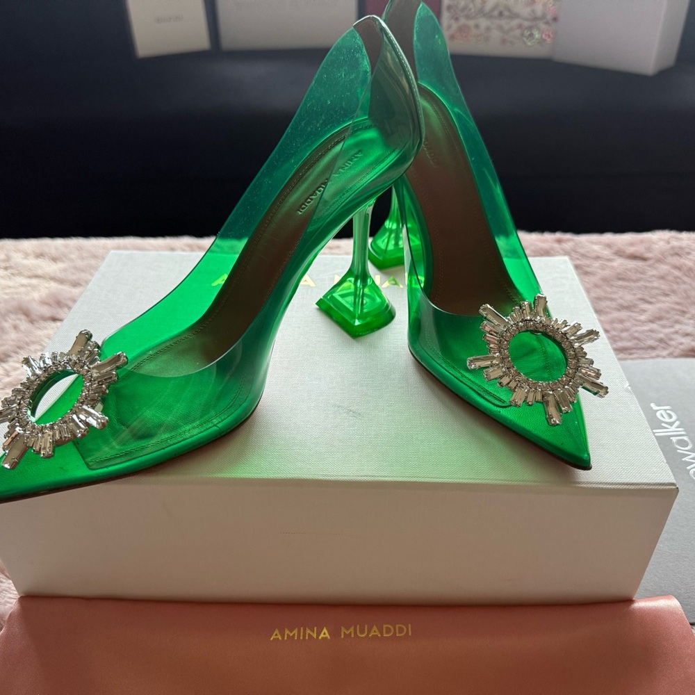 Amina Muaddi Emerald Green Heels with Crystal Embellishment